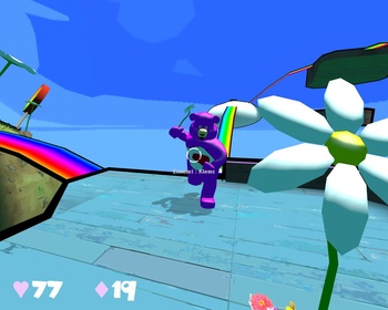 Screenshot of a game showing two cartoon characters fighting with flowers.